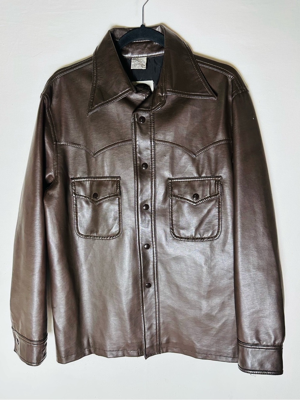 Vintage 70s Miller Western Wear Brown Faux Leather Shirt Jacket L Shacket Cowboy